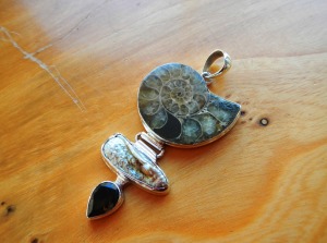Ammonite, pearl, smoky quartz