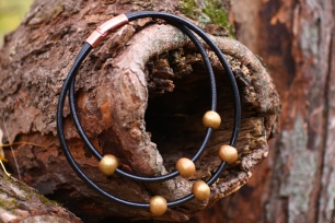 Ceramic beads, leather, copper clasp
